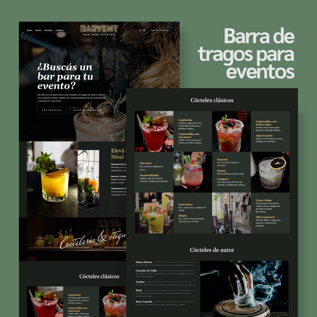 BarventGo - Landing page con catálogo de tragos para barra móvil de eventos.