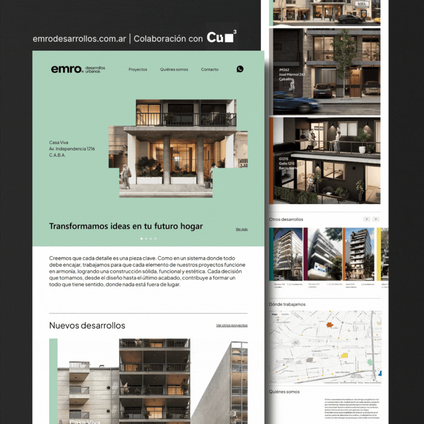 Emro Desarrollos - Web completa con portfolio de proyectos y mapa interactivo por cada proyecto. Desarrollada en colaboración con agencia Google.